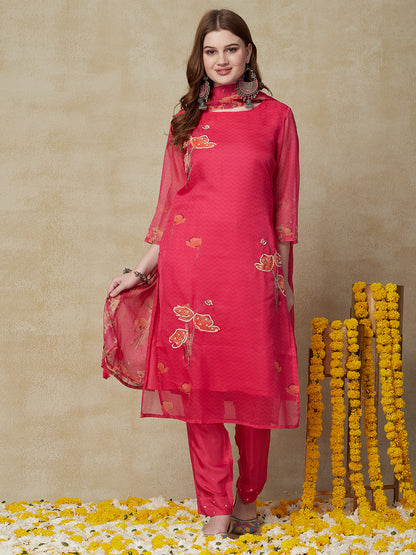Floral Printed & Embroidered Straight Fit Kurta with Pant & Dupatta - Pink