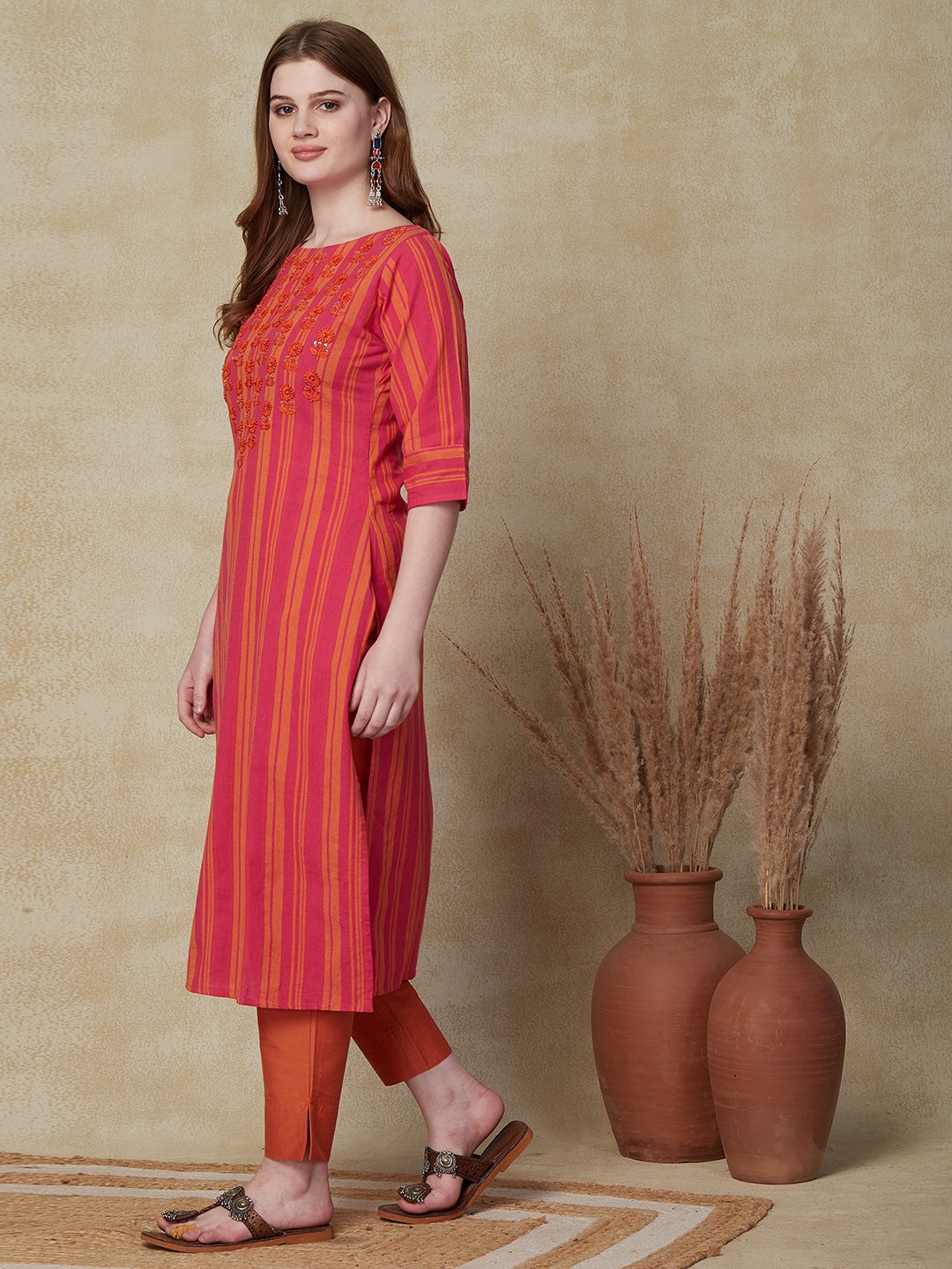 Stripes Printed Resham & Sequins Embroidered Kurta - Pink & Orange