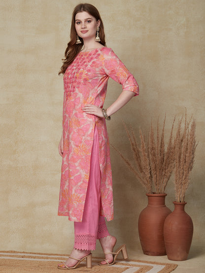 Floral Foil Printed Resham & Sequins Embroidered Kurta - Pink