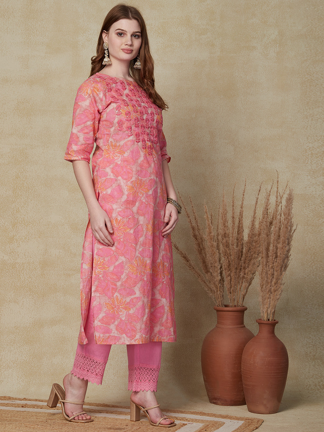 Floral Foil Printed Resham & Sequins Embroidered Kurta - Pink