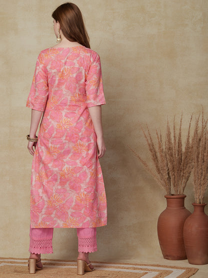 Floral Foil Printed Resham & Sequins Embroidered Kurta - Pink