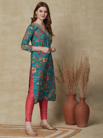 Floral Printed Zari Dori & Sequins Embroidered Kurta - Green & Multi