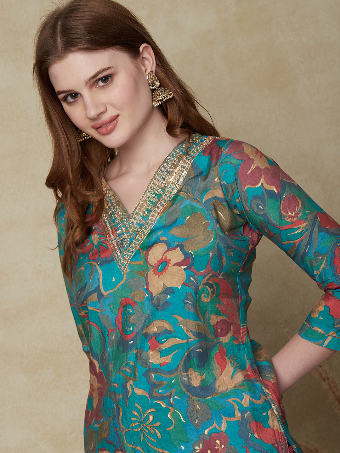 Floral Printed Zari Dori & Sequins Embroidered Kurta - Green & Multi
