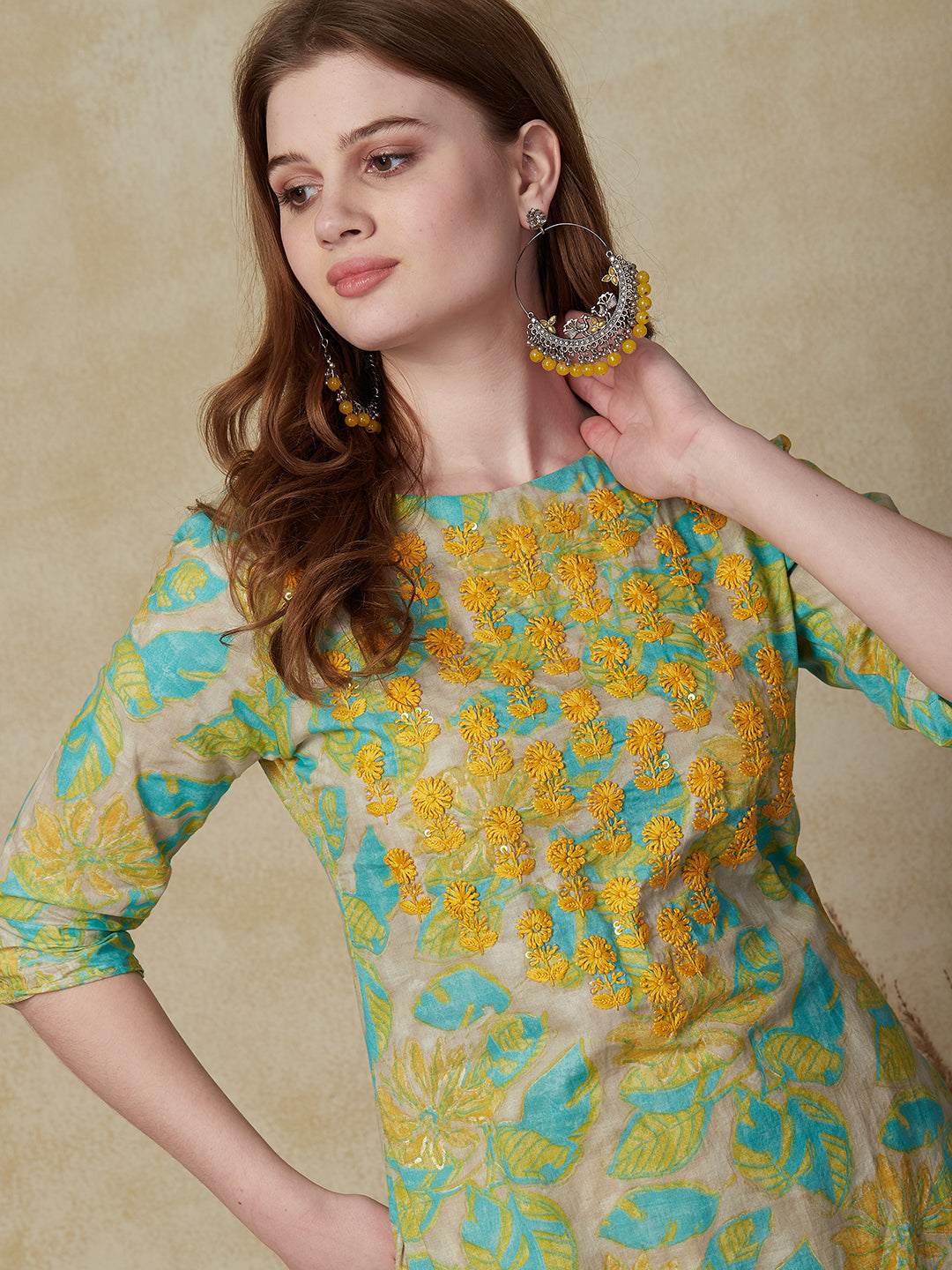 Floral Printed & Hand Embroidered Straight Fit Kurta - Green