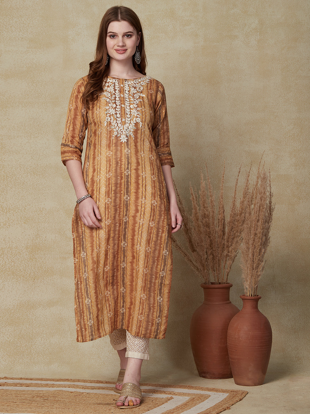 Abstract Foil Printed Resham & Sequins Embroidered Work Kurta - Olive-Brown