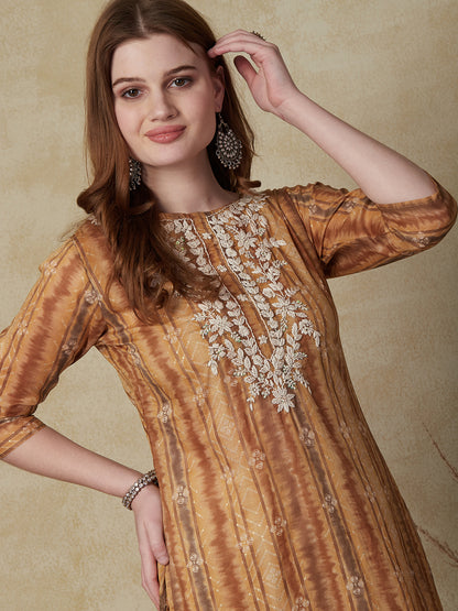 Abstract Foil Printed Resham & Sequins Embroidered Work Kurta - Olive-Brown
