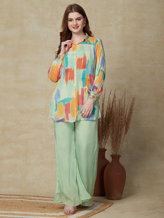 Abstract Printed Mirror & Aari Embroidered Shirt With Palazzo Indo-Western Set - Multi