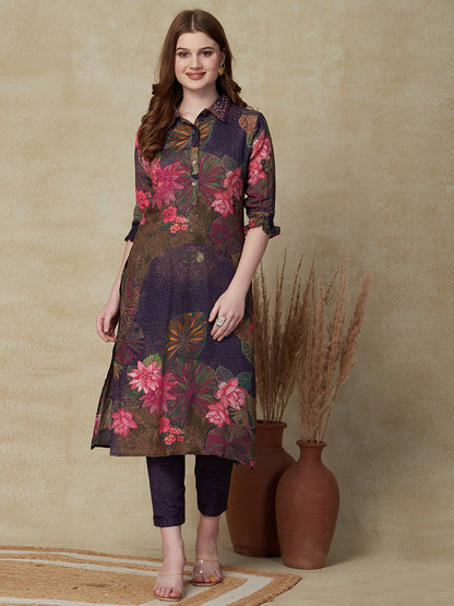 Floral Printed Mirror & Resham Embroidered Kurta with Pants - Multi