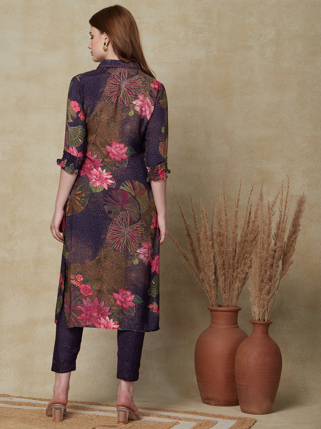 Floral Printed Mirror & Resham Embroidered Kurta with Pants - Multi