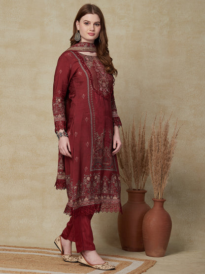 Ethnic Printed Aari Embroidered Kurta with Pants & Printed Dupatta - Maroon