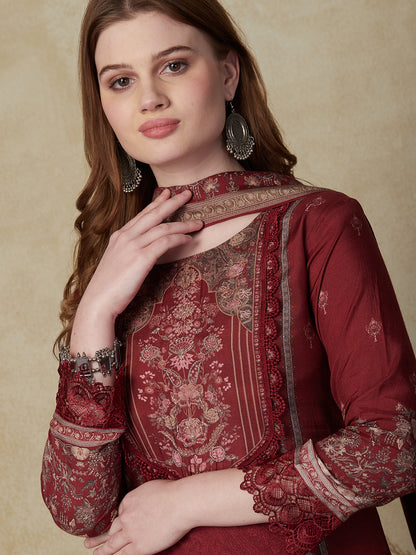 Ethnic Printed Aari Embroidered Kurta with Pants & Printed Dupatta - Maroon