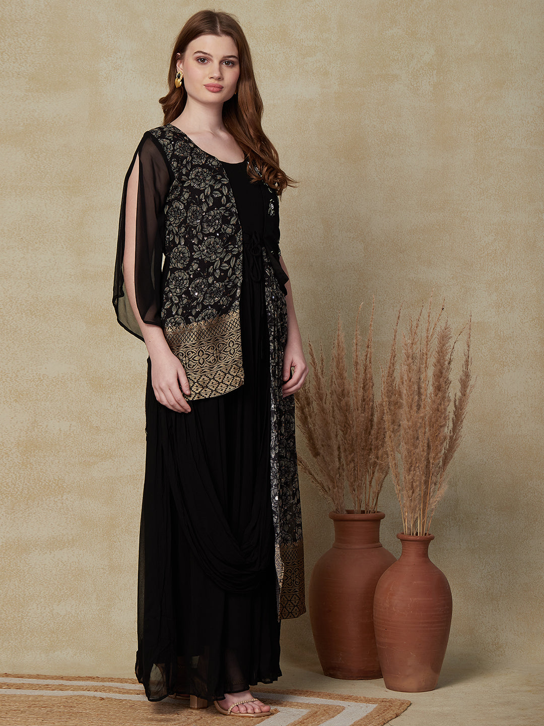 Floral Printed Mirror & Cutdana Embroidered Pleated Flared Maxi