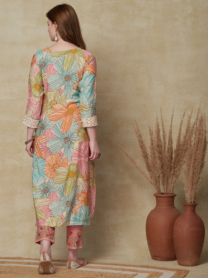 Floral Printed Mirror, Resham & Sequins Embroidered Kurta - Multi