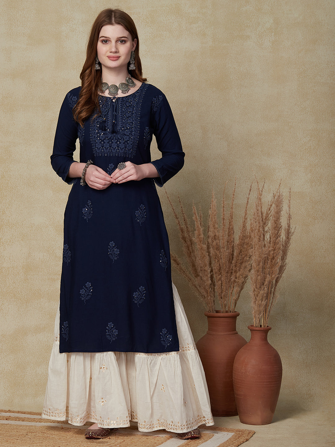 Solid Chikankari & Sequins Embroidered Crochet Lace Work Kurta - Navy Blue