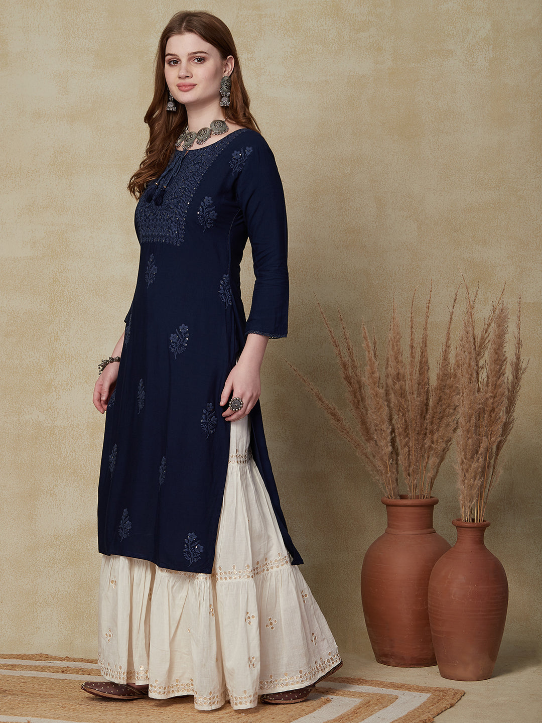 Solid Chikankari & Sequins Embroidered Crochet Lace Work Kurta - Navy Blue