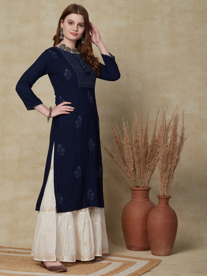 Solid Chikankari & Sequins Embroidered Crochet Lace Work Kurta - Navy Blue