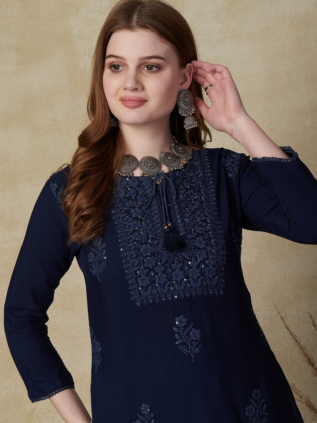 Solid Chikankari & Sequins Embroidered Crochet Lace Work Kurta - Navy Blue