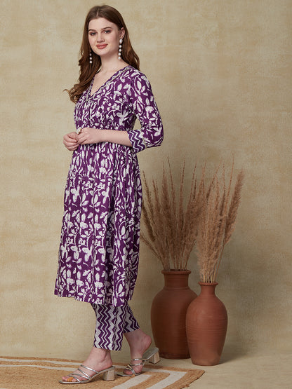 Ethnic Floral & Chevron Printed A-Line Pleated Kurta with Pant - Purple