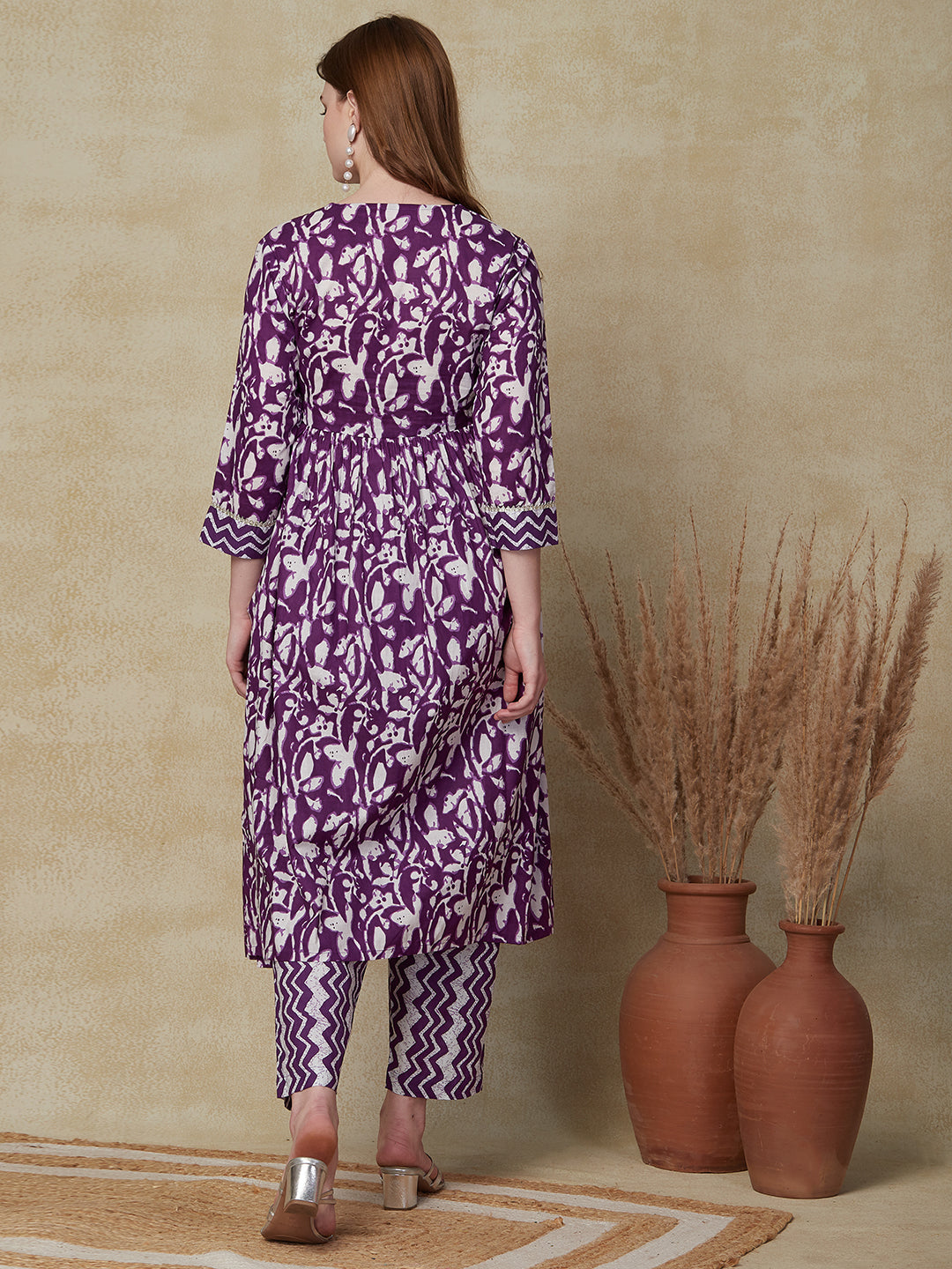 Ethnic Floral & Chevron Printed A-Line Pleated Kurta with Pant - Purple