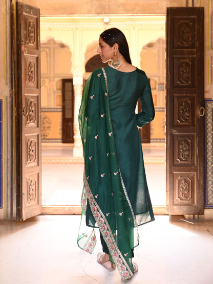 Solid Gotapatti & Aari Embroidered Kurta with Pants & Embroidered Dupatta - Green