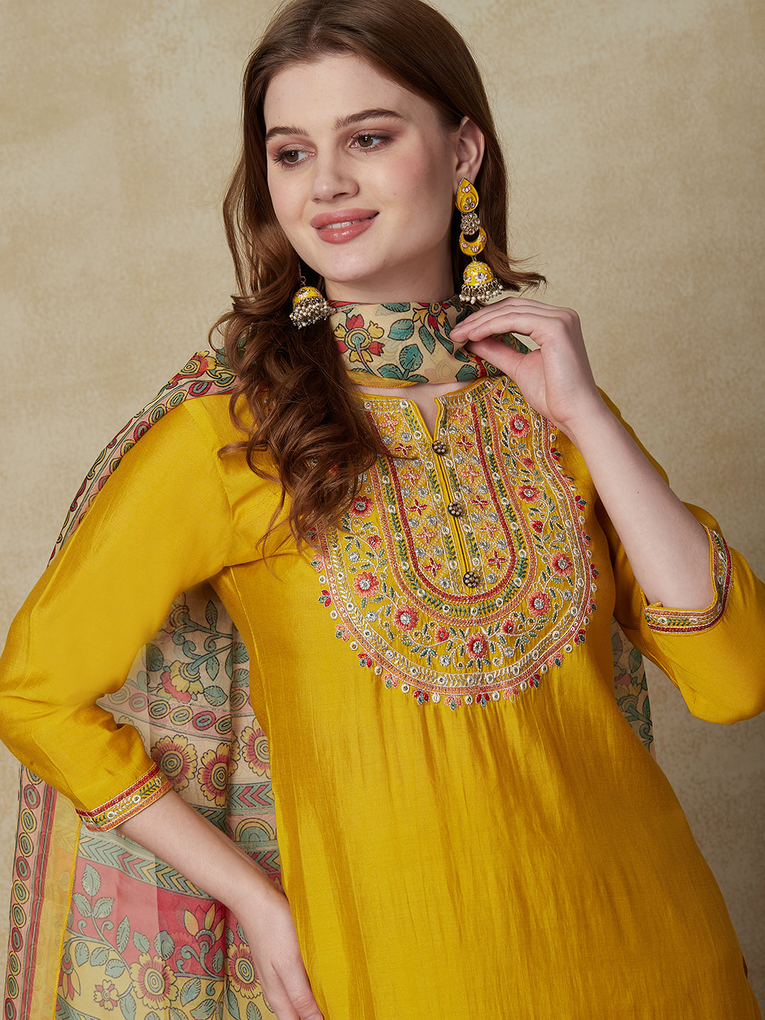 Solid Resham & Mirror Embroidered Kurta with Pants & Floral Dupatta - Yellow