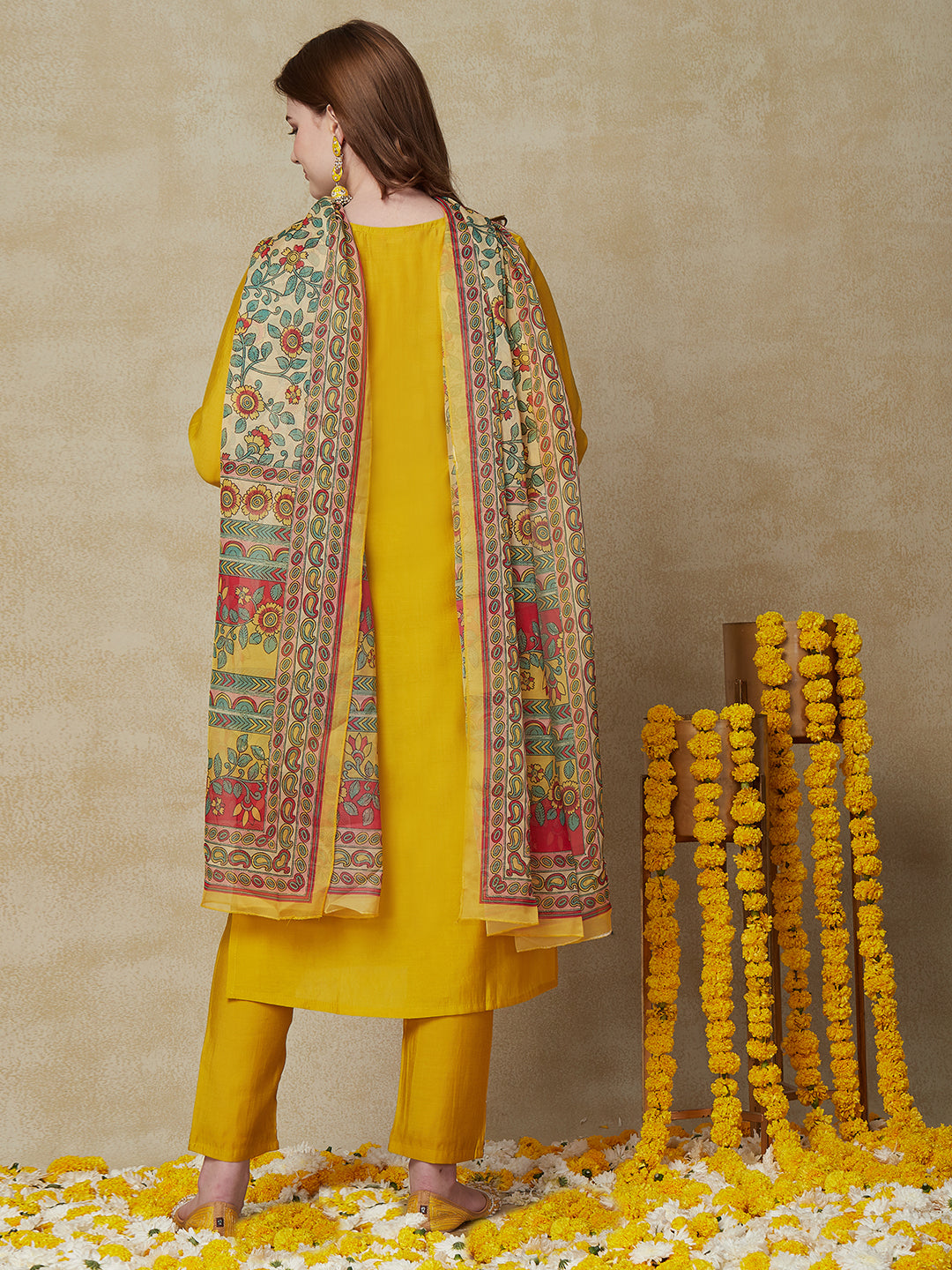 Solid Resham & Mirror Embroidered Kurta with Pants & Floral Dupatta - Yellow