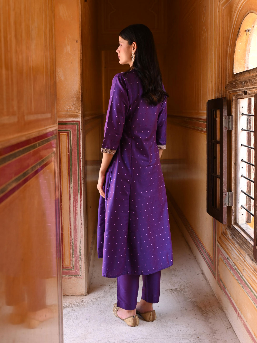 Polka Printed Zari & Sequins Embroidered Paneled Kurta with Pants - Purple