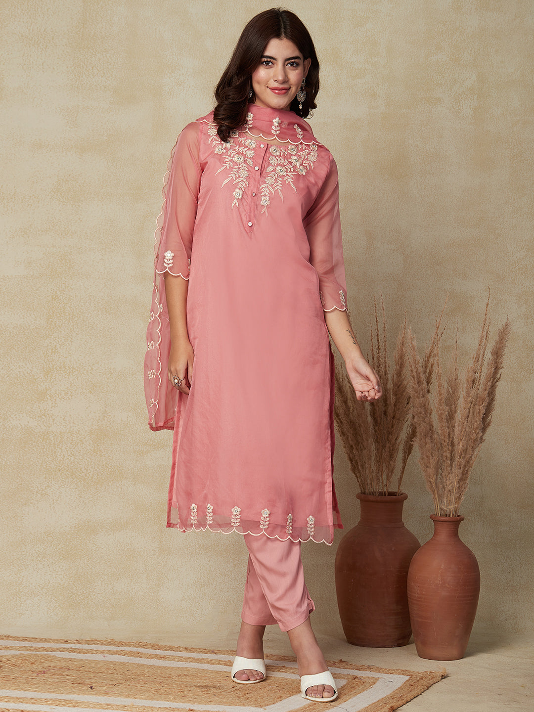 Solid Resham & Zari Embroidered Kurta with Pants & Embroidered Dupatta - Peach-Pink