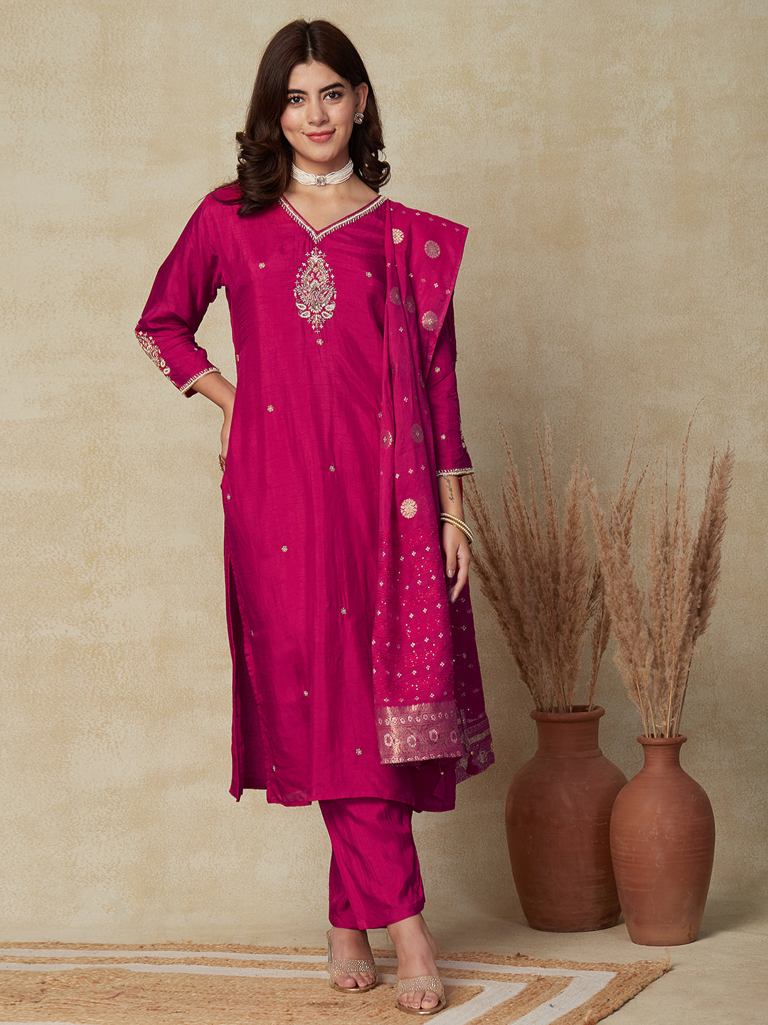 Ethnic Hand Embroidered Solid Straight Fit Kurta with Pant & Dupatta - Pink