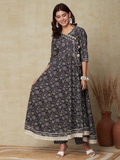 Ethnic Floral Printed & Embroidered A-line Kurta with Pant & Dupatta - Navy Blue