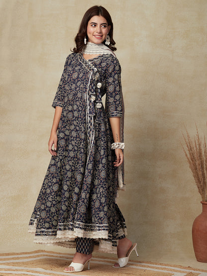 Ethnic Floral Printed & Embroidered A-line Kurta with Pant & Dupatta - Navy Blue