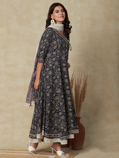 Ethnic Floral Printed & Embroidered A-line Kurta with Pant & Dupatta - Navy Blue