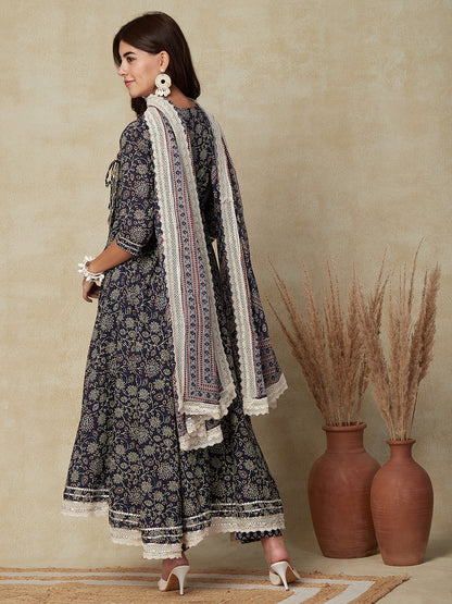 Ethnic Floral Printed & Embroidered A-line Kurta with Pant & Dupatta - Navy Blue