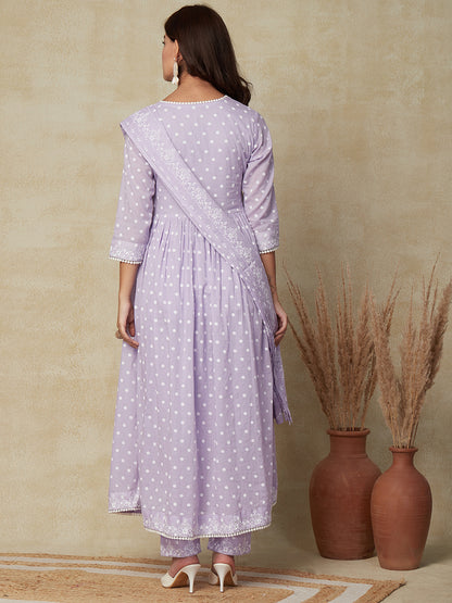 Floral Printed & Embroidered A-Line Pleated Kurta with Pant & Dupatta - Lavender