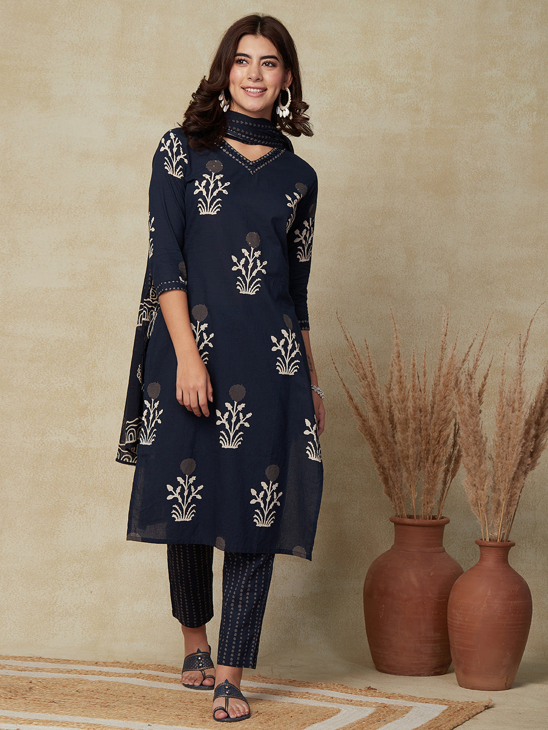 Floral Printed REsham & Sequins Embroidered Kurta with Pants & Dupatta - Navy Blue