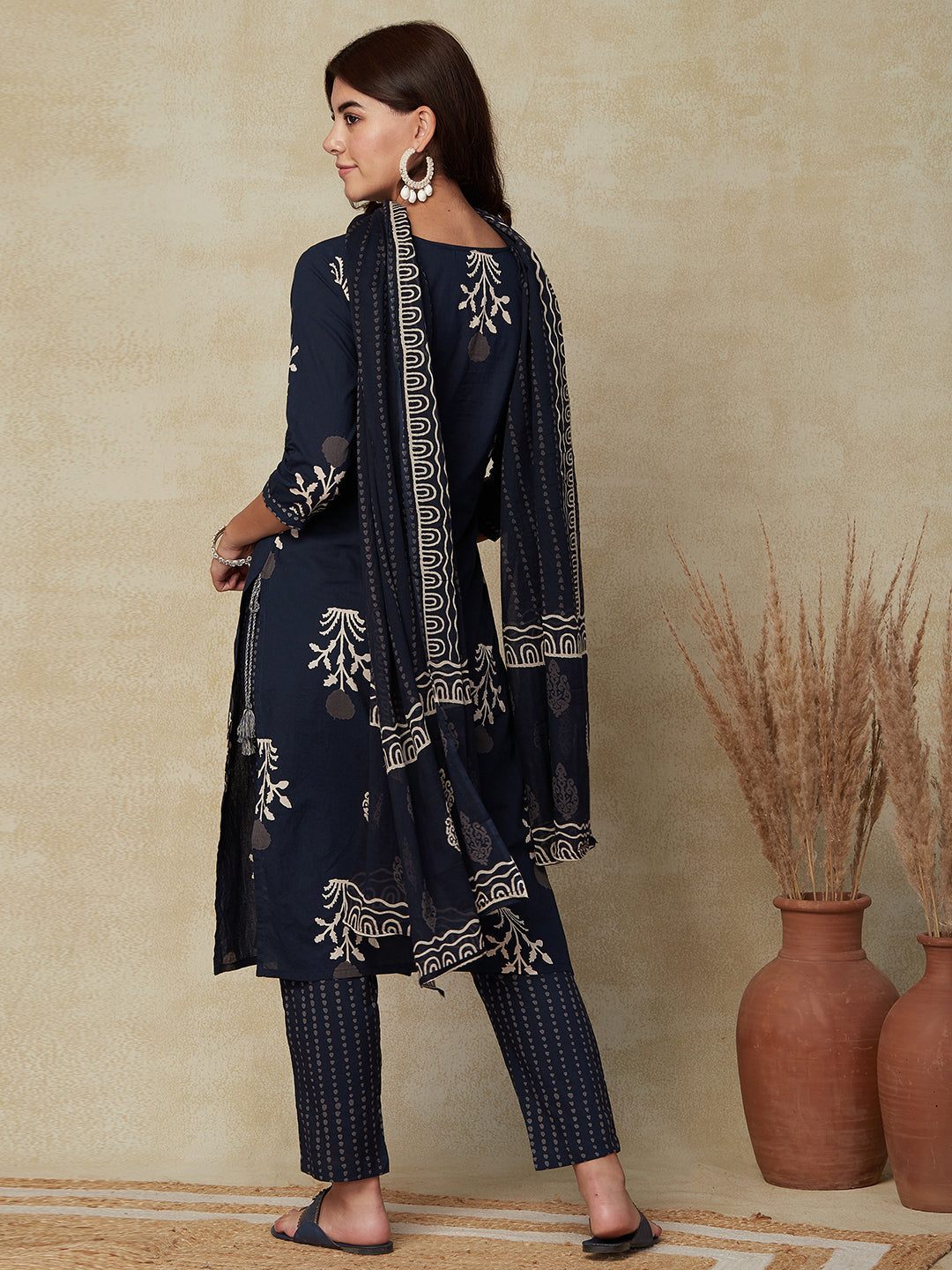 Floral Printed REsham & Sequins Embroidered Kurta with Pants & Dupatta - Navy Blue