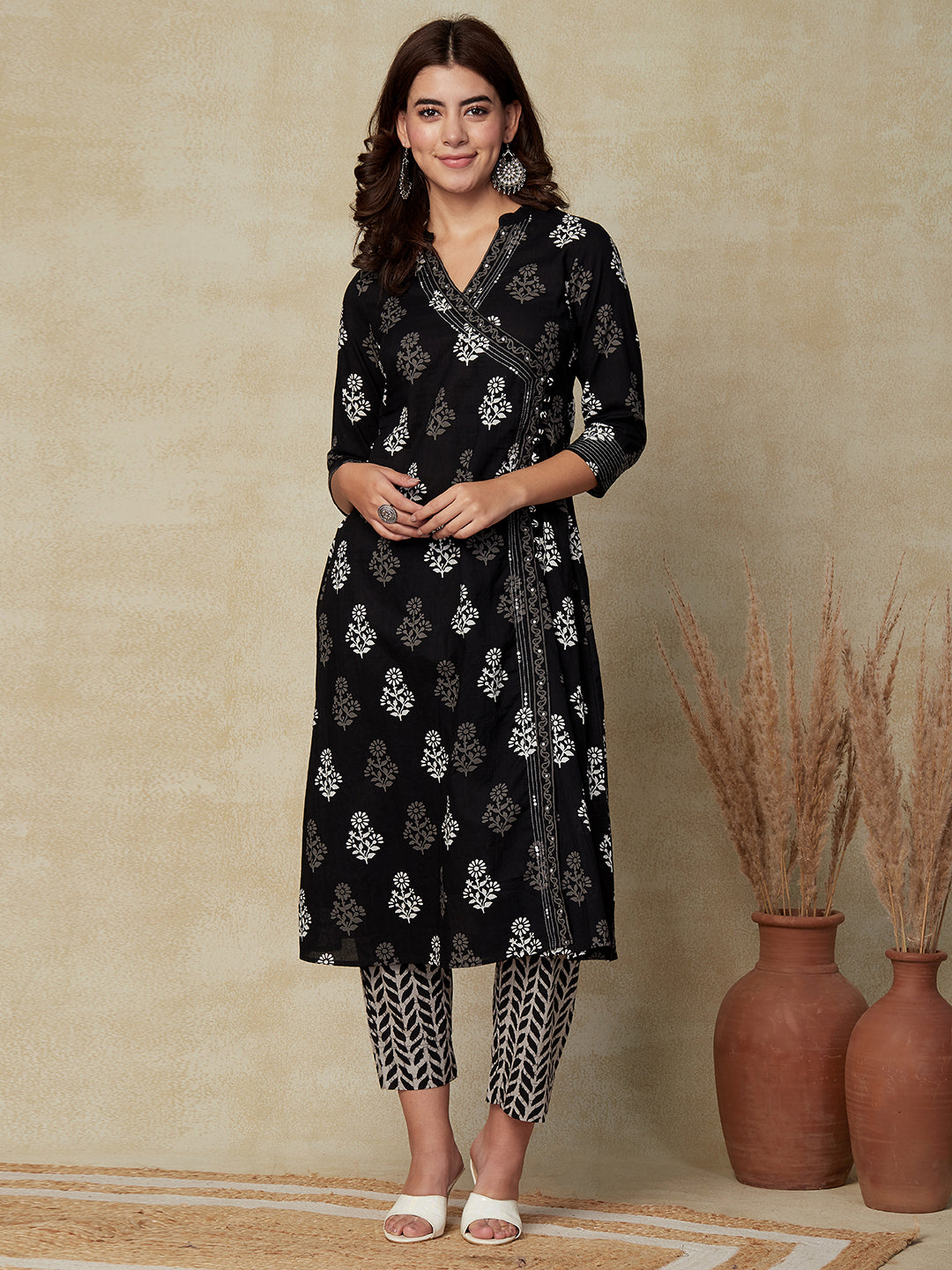 Floral Printed Resham & Sequins Embellished A-line Kurta with Pants & Dupatta - Black