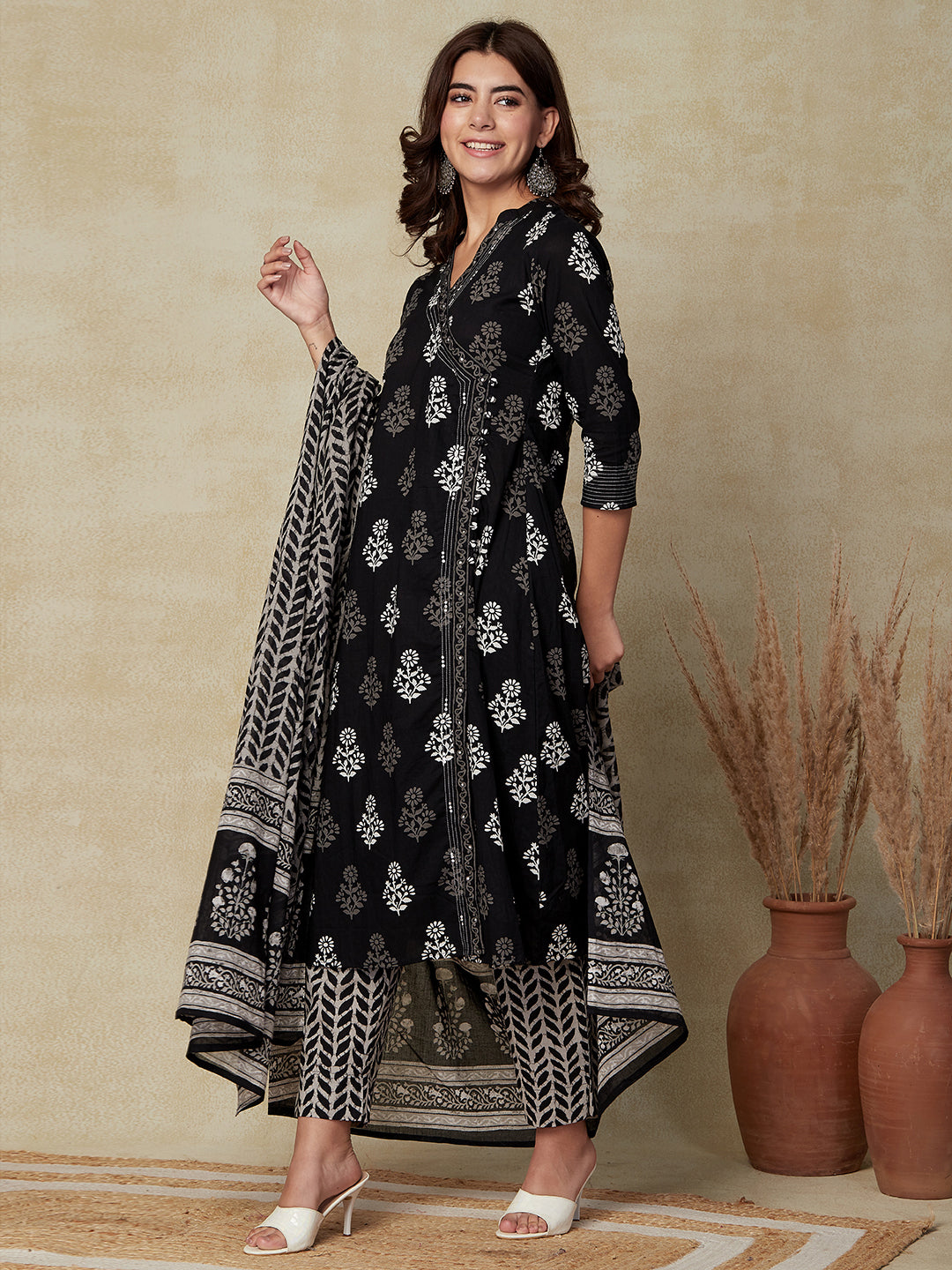Floral Printed Resham & Sequins Embellished A-line Kurta with Pants & Dupatta - Black