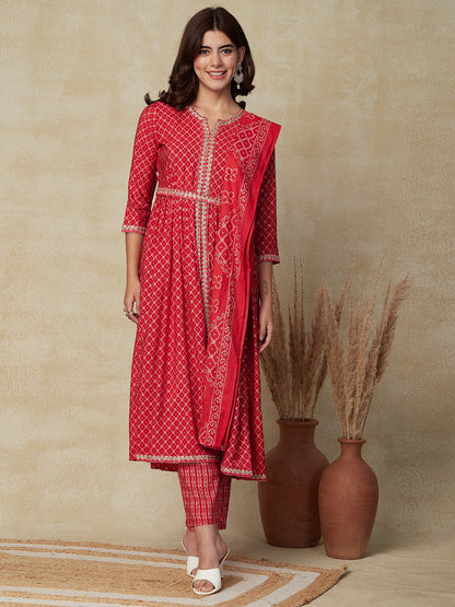 Ethnic Printed Zari Embroidered Pleated Kurta with Pants, Dupatta & Waist Belt - Red