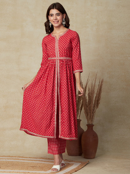 Ethnic Printed Zari Embroidered Pleated Kurta with Pants, Dupatta & Waist Belt - Red