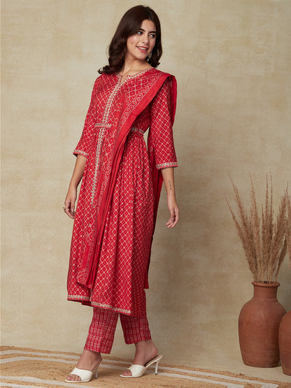 Ethnic Printed Zari Embroidered Pleated Kurta with Pants, Dupatta & Waist Belt - Red