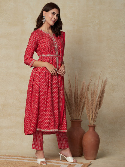 Ethnic Printed Zari Embroidered Pleated Kurta with Pants, Dupatta & Waist Belt - Red