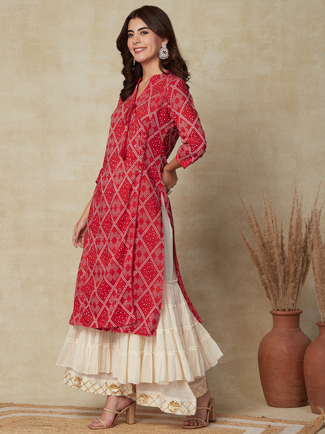 Ethnic Printed Sequins Embellished Crochet Lace Work Kurta - Red