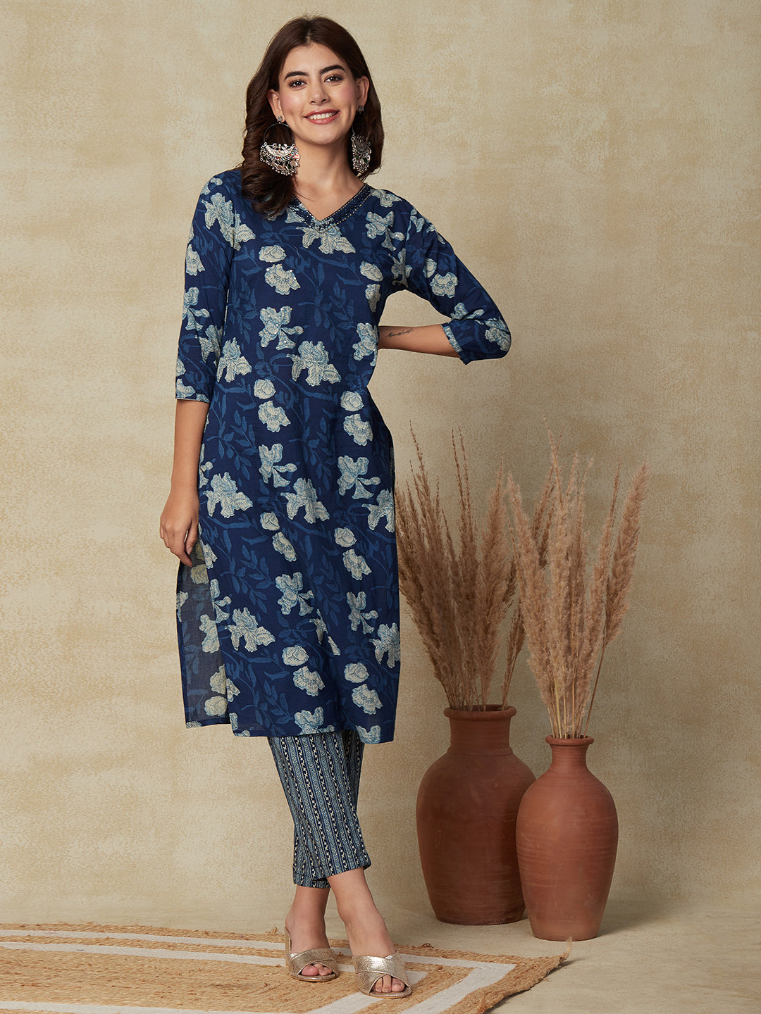 Floral Printed Beads & Sequins Embroidered Kurta with striped Pants - Blue