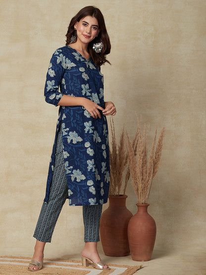 Floral Printed Beads & Sequins Embroidered Kurta with striped Pants - Blue