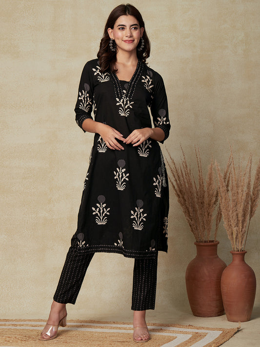 Floral Printed Beads & Sequins Embroidered Kurta with Pants - Black