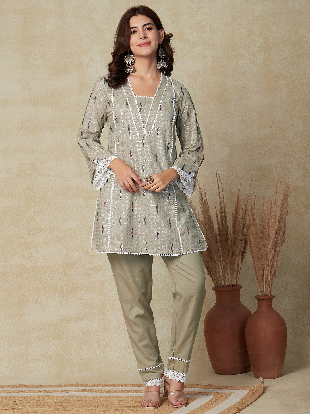 Shimmer Printed Crochet Lace Embellished Kurti with Pants - Taupe