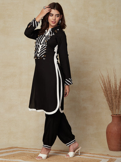 Solid Pearl, Tikki & Lace Embellished Kurta with Salwar Pants - Black