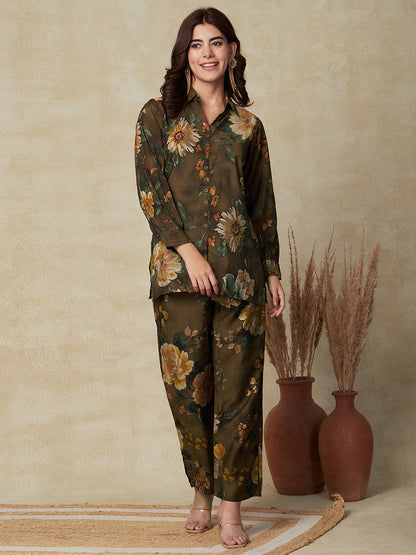 Floral Foil Printed Shirt with Pants Indo-Western Co-ord Set - Coffee Brown