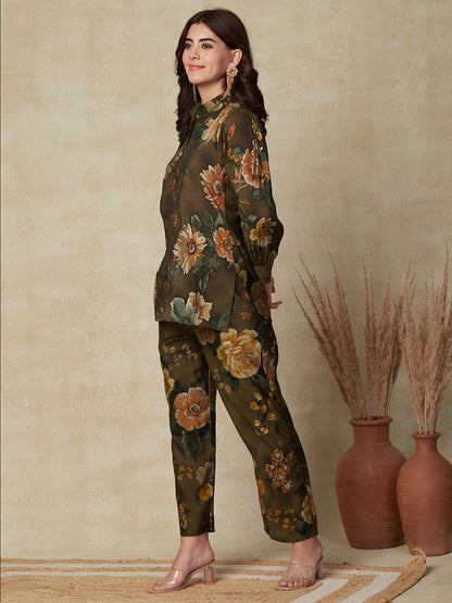 Floral Foil Printed Shirt with Pants Indo-Western Co-ord Set - Coffee Brown